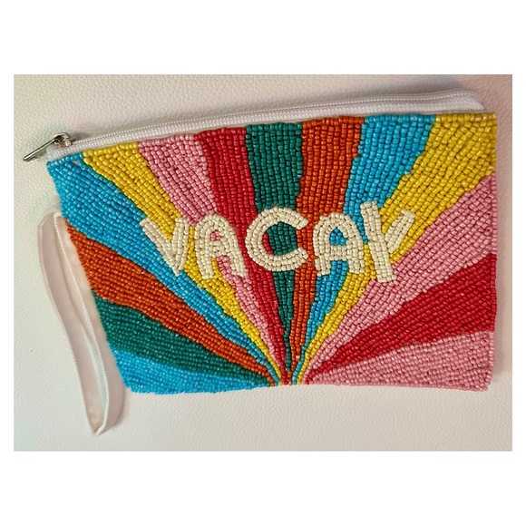 Colorful Rainbow Beaded VACAY Wristlet Clutch Summer Travel Vacation Zipper Bag - Picture 1 of 15